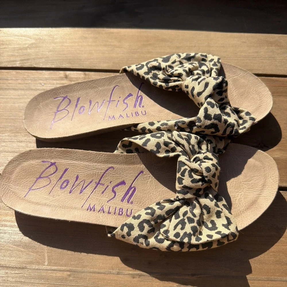 Blowfish Women's Animal Print Bow Slide Sandals Cotton Blend Slip-On Size 6.5